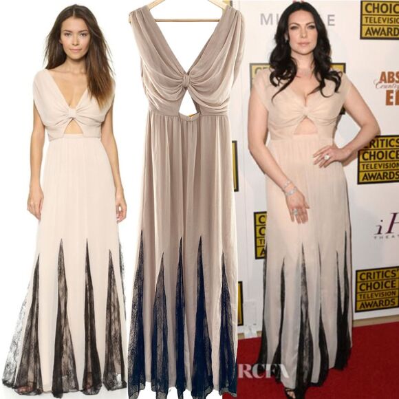 Alice + Olivia Dresses & Skirts - Alice + Olivia Tan Chiffon Maxi Dress size 6 Black Lace Celebrity Laura Prepon